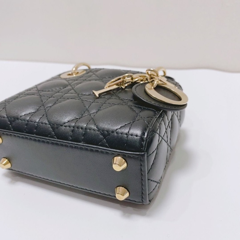 Dior 超迷你黑金牛皮三格LADY DIOR 手提肩背包 12×10.5×5cm 9新 配件塵袋 盒子-3