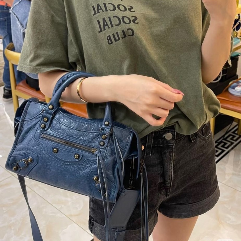 BALENCIAGA 藍色手提肩背機車包 33*19*5 9新 配件鏡子塵袋-0