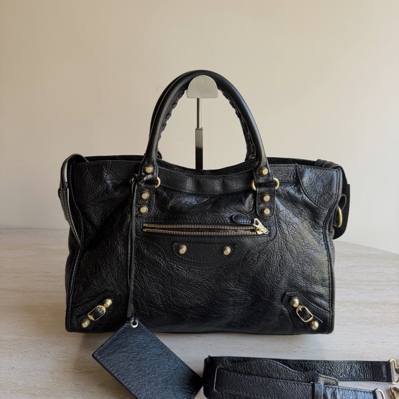 Balenciaga巴黎世家City中號黑金機車包 底長38cm-0