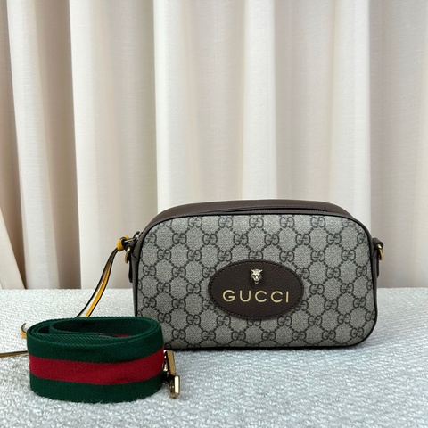 Gucci古馳虎頭相機包 GG老花帆布拼皮 金色五金 肩帶紅綠