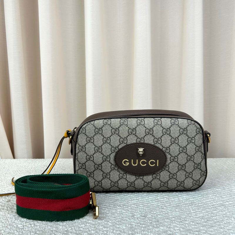 Gucci古馳虎頭相機包 GG老花帆布拼皮 金色五金 肩帶紅綠-0