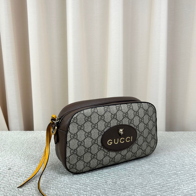 Gucci古馳虎頭相機包 GG老花帆布拼皮 金色五金 肩帶紅綠-3