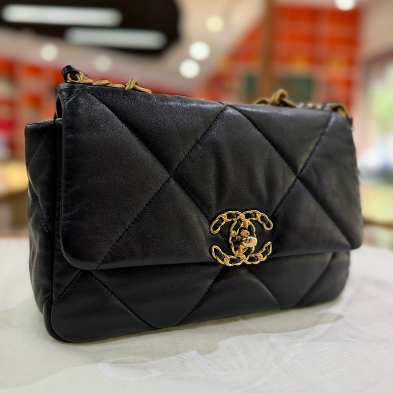 CHANEL香奈兒 查碼芯片款19bag羊皮黑金小號 26*9*16-1