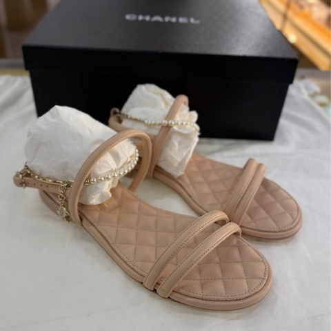Chanel 香奈兒 珍珠鏈條涼鞋 37碼 經典菱格紋皮革+金屬鏈條