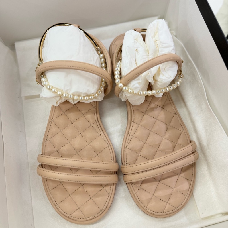 Chanel 香奈兒 珍珠鏈條涼鞋 37碼 經典菱格紋皮革+金屬鏈條-3