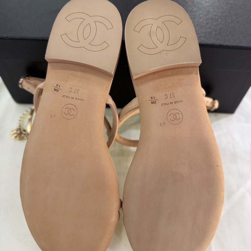 Chanel 香奈兒 珍珠鏈條涼鞋 37碼 經典菱格紋皮革+金屬鏈條-5