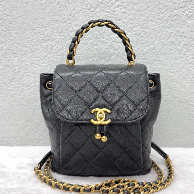 99新 Chanel 香奈兒 24A 黑金 荔枝皮 雙肩包 芯片款 尺寸:21×19cm -0