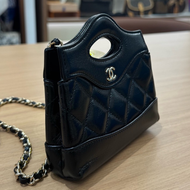 Chanel/香奈兒31Bag mini黑色油蠟皮菱格紋鏈條包手提斜挎包芯片款-2