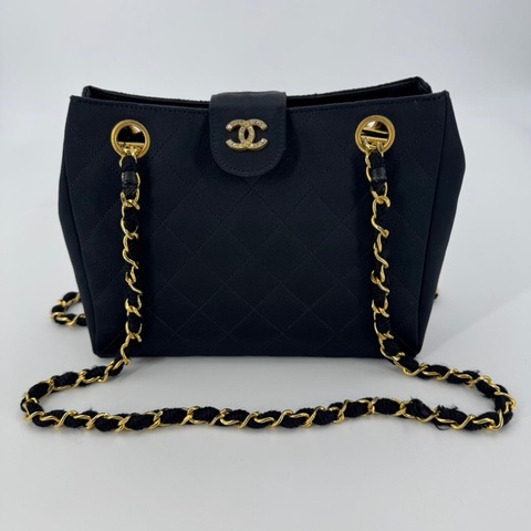Chanel Vintage Satin and Rhinestone Shiny Black Shoulder Bag
