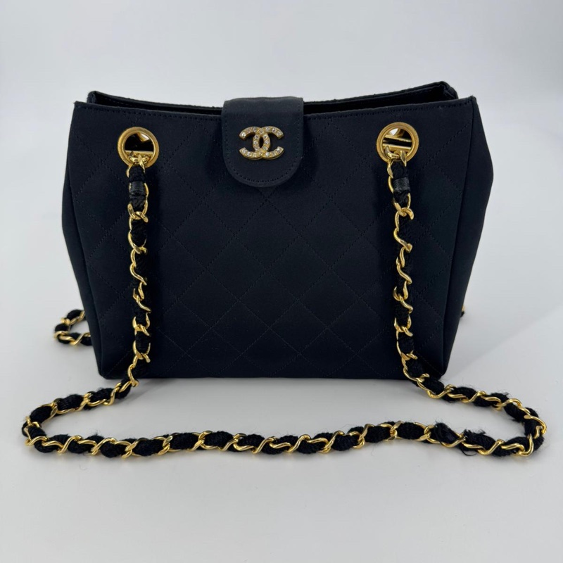 Chanel Vintage Satin and Rhinestone Shiny Black Shoulder Bag-0