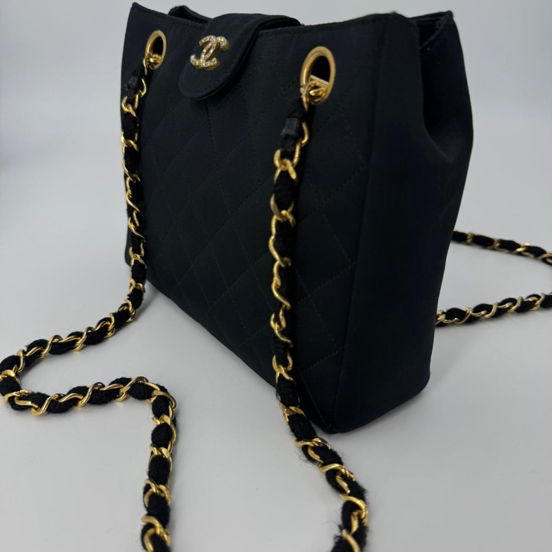 Chanel Vintage Satin and Rhinestone Shiny Black Shoulder Bag-2