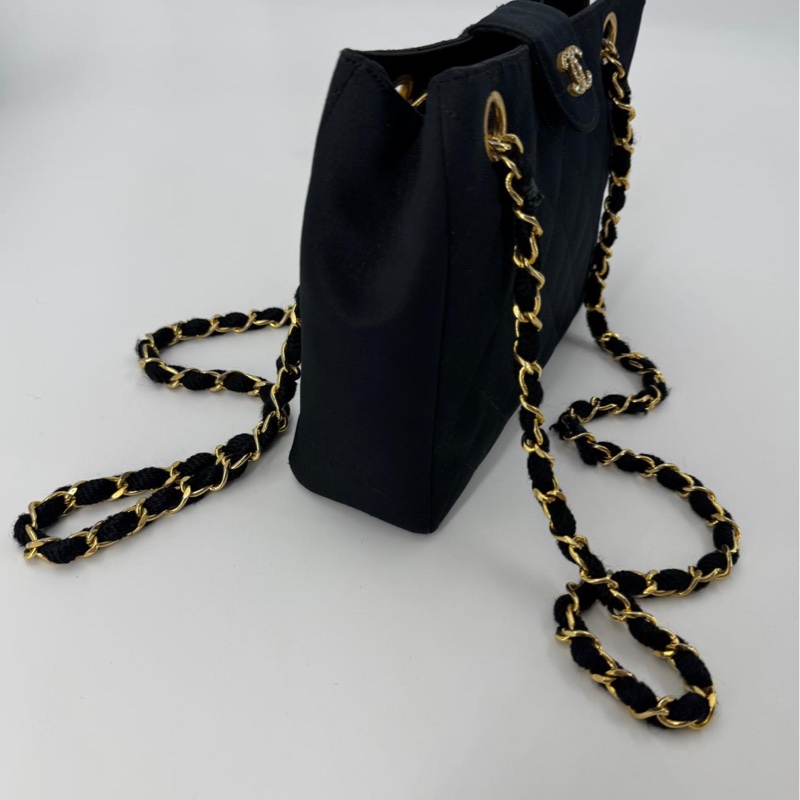 Chanel Vintage Satin and Rhinestone Shiny Black Shoulder Bag-3