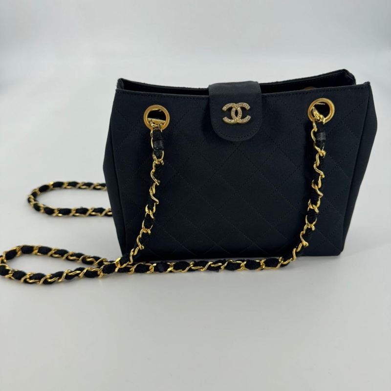 Chanel Vintage Satin and Rhinestone Shiny Black Shoulder Bag-4