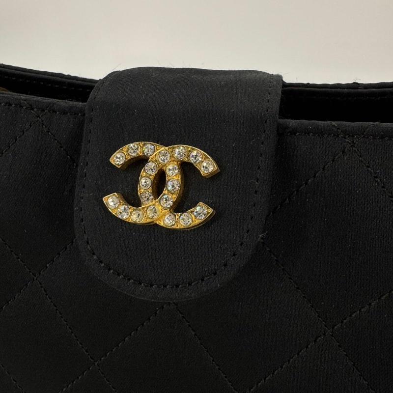 Chanel Vintage Satin and Rhinestone Shiny Black Shoulder Bag-5