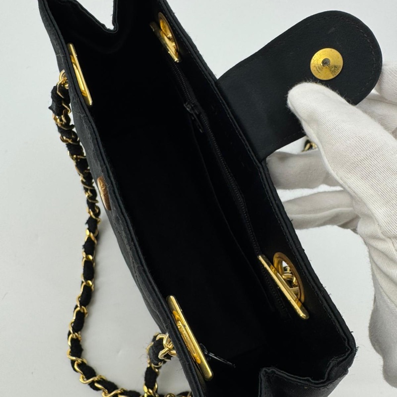 Chanel Vintage Satin and Rhinestone Shiny Black Shoulder Bag-8