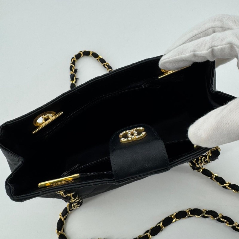Chanel Vintage Satin and Rhinestone Shiny Black Shoulder Bag-11