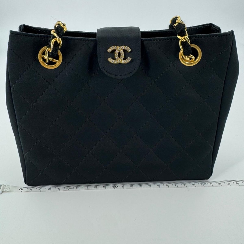 Chanel Vintage Satin and Rhinestone Shiny Black Shoulder Bag-16