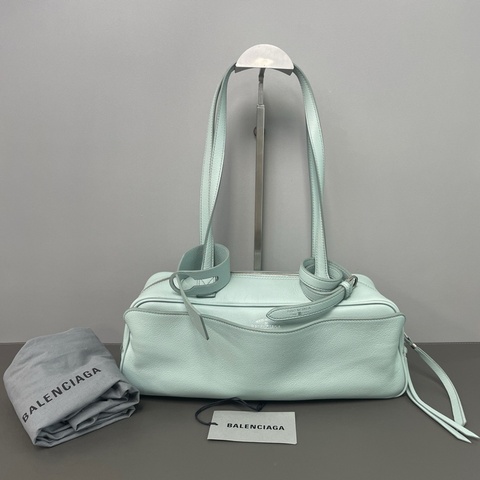 99✨巴黎世家/balenciaga 女士保齡球托特包單肩包手提包 薄荷綠色 銀扣💠正品