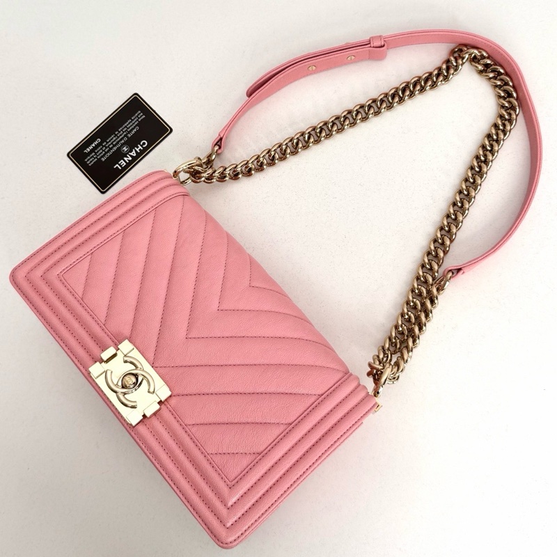 【全新品】Chanel 香奈兒 27開 櫻花粉金扣v紋荔枝牛皮Leboy中號鏈條包-0