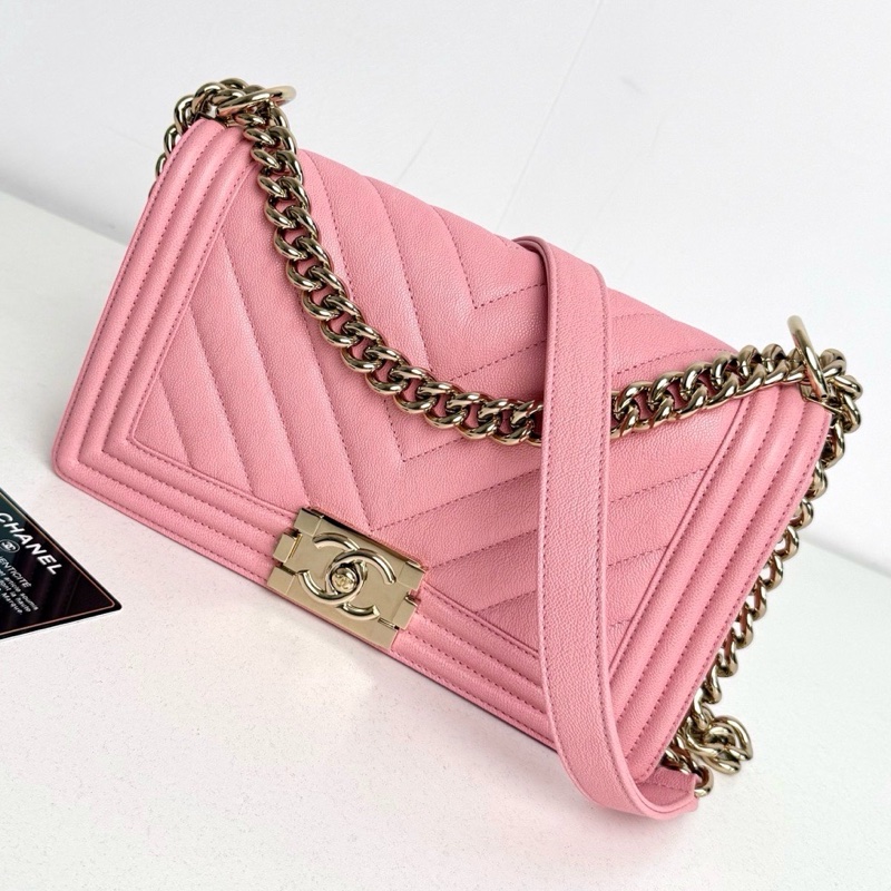 【全新品】Chanel 香奈兒 27開 櫻花粉金扣v紋荔枝牛皮Leboy中號鏈條包-2