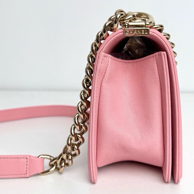 【全新品】Chanel 香奈兒 27開 櫻花粉金扣v紋荔枝牛皮Leboy中號鏈條包-5