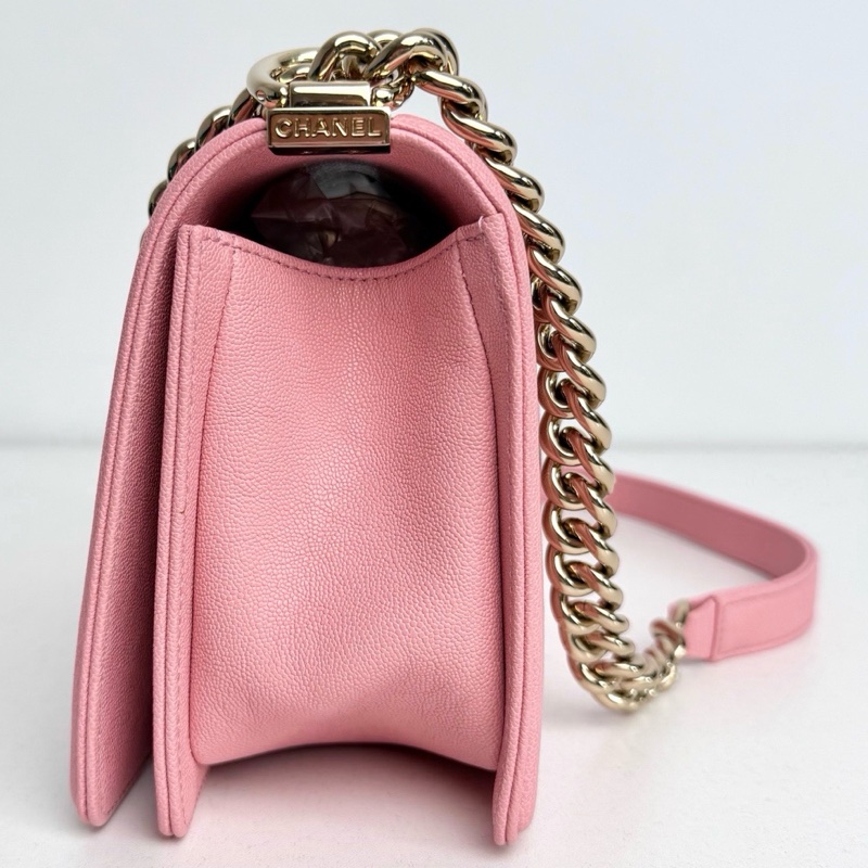 【全新品】Chanel 香奈兒 27開 櫻花粉金扣v紋荔枝牛皮Leboy中號鏈條包-6