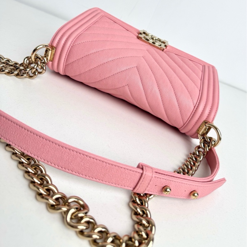 【全新品】Chanel 香奈兒 27開 櫻花粉金扣v紋荔枝牛皮Leboy中號鏈條包-7