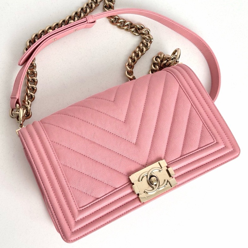 【全新品】Chanel 香奈兒 27開 櫻花粉金扣v紋荔枝牛皮Leboy中號鏈條包-8