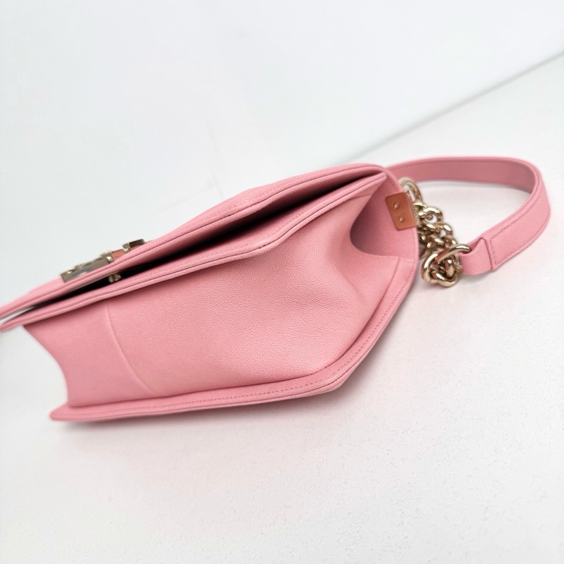 【全新品】Chanel 香奈兒 27開 櫻花粉金扣v紋荔枝牛皮Leboy中號鏈條包-11