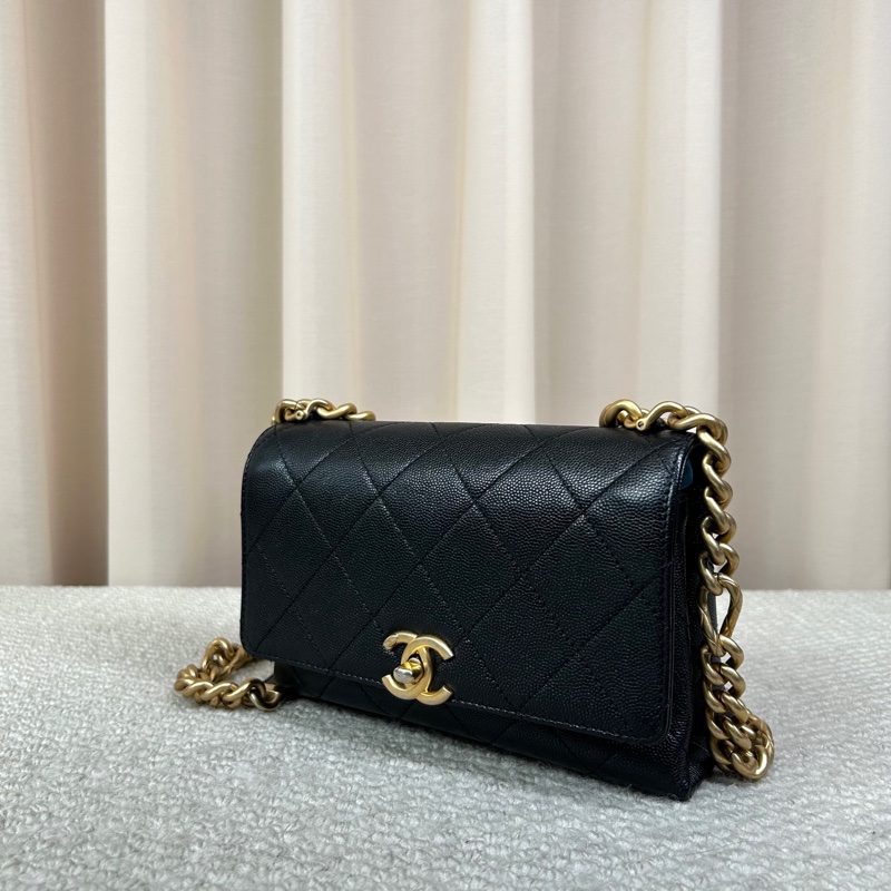 Chanel香奈兒黑色荔枝紋鏈條包 金色五金扣 經典菱格紋設計-3