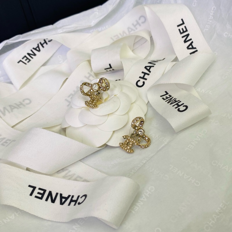 CHANEL香奈兒蝴蝶結雙C水鑽logo金色耳釘-0