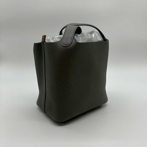HERMES PICOTIN 18cm 積雨雲灰色全皮金釦水桶袋手提包小菜籃包 XH1319 18 W刻