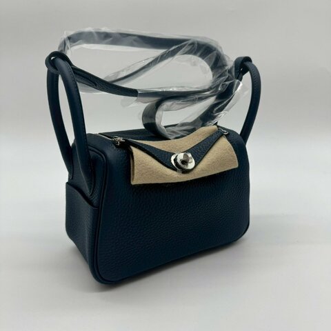HERMES MINI LINDY 20cm 7P普魯士藍全皮銀釦手提包斜背包迷你兩用包 TC XH1320 W刻 二代