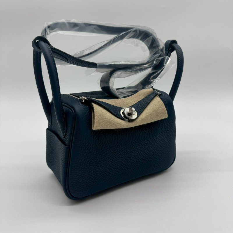 HERMES MINI LINDY 20cm 7P普魯士藍全皮銀釦手提包斜背包迷你兩用包 TC XH1320 W刻 二代-0