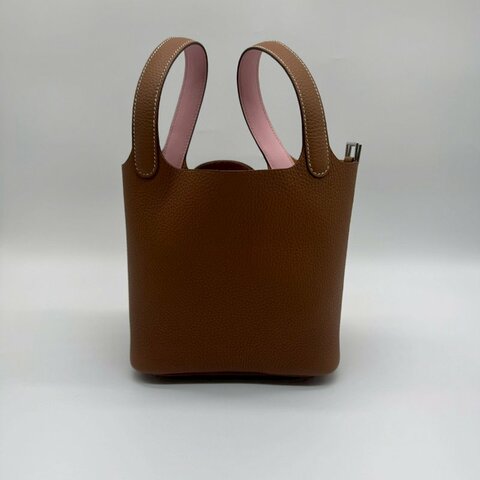 HERMES PICOTIN 18cm 焦糖色拼櫻花粉手提把雙色銀釦菜籃子 XH1318 18 K刻