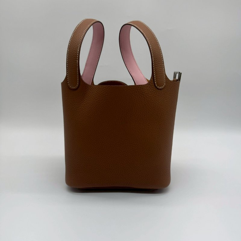 HERMES PICOTIN 18cm 焦糖色拼櫻花粉手提把雙色銀釦菜籃子 XH1318 18 K刻-0