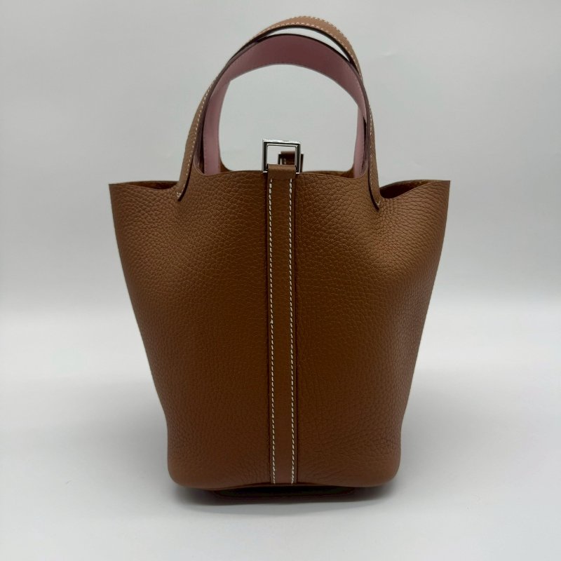 HERMES PICOTIN 18cm 焦糖色拼櫻花粉手提把雙色銀釦菜籃子 XH1318 18 K刻-2