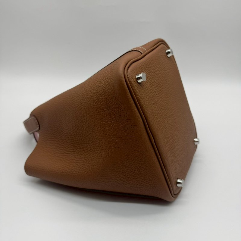 HERMES PICOTIN 18cm 焦糖色拼櫻花粉手提把雙色銀釦菜籃子 XH1318 18 K刻-5