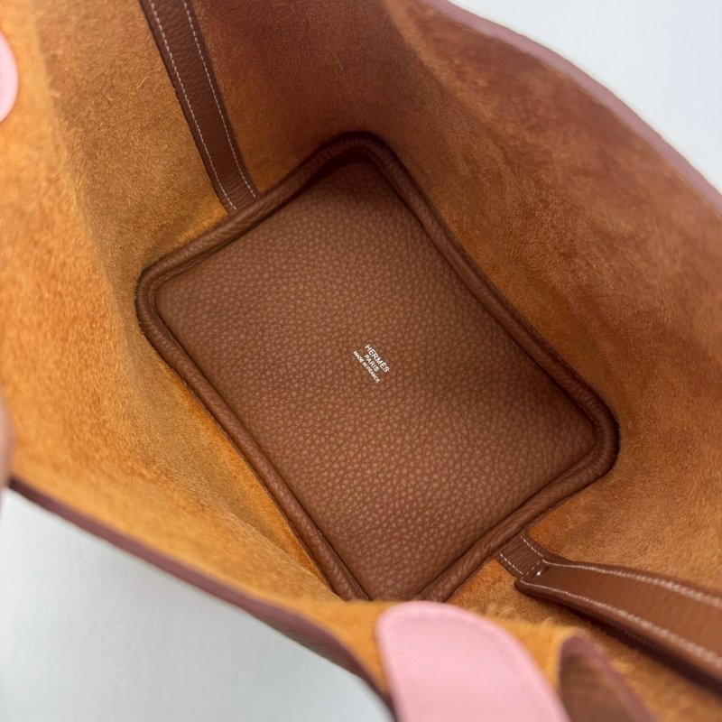 HERMES PICOTIN 18cm 焦糖色拼櫻花粉手提把雙色銀釦菜籃子 XH1318 18 K刻-7