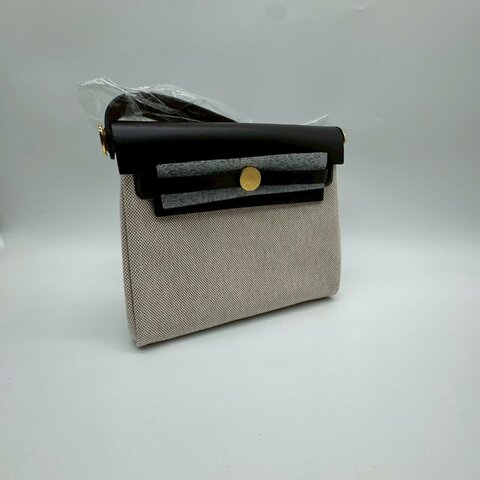 HERMES ZIP MINI HERBAG 20cm 米色帆布拼烏木色皮革金釦迷你肩背包斜背包 XH1322 EBEN