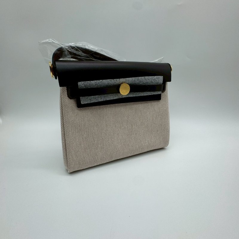 HERMES ZIP MINI HERBAG 20cm 米色帆布拼烏木色皮革金釦迷你肩背包斜背包 XH1322 EBEN-0