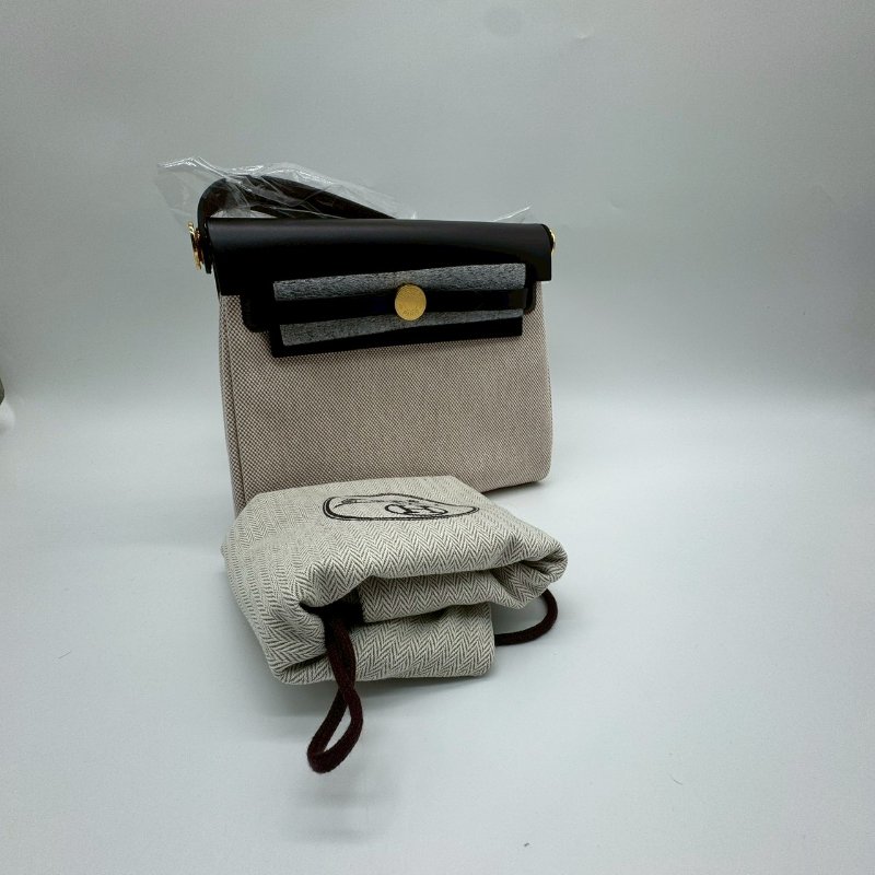 HERMES ZIP MINI HERBAG 20cm 米色帆布拼烏木色皮革金釦迷你肩背包斜背包 XH1322 EBEN-1