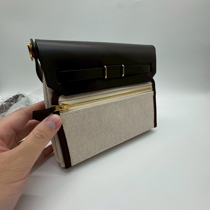 HERMES ZIP MINI HERBAG 20cm 米色帆布拼烏木色皮革金釦迷你肩背包斜背包 XH1322 EBEN-2