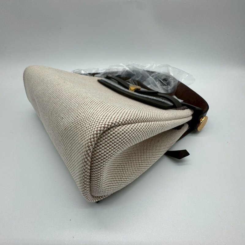 HERMES ZIP MINI HERBAG 20cm 米色帆布拼烏木色皮革金釦迷你肩背包斜背包 XH1322 EBEN-4