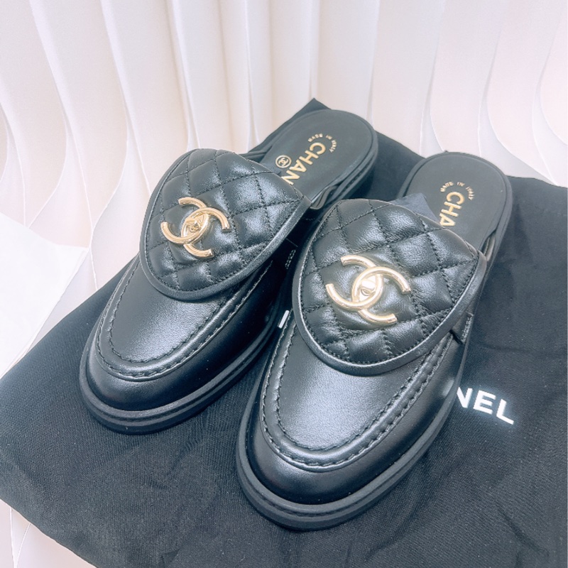 全新 36碼Chanel 黑金半拖麵包鞋/樂福鞋-0