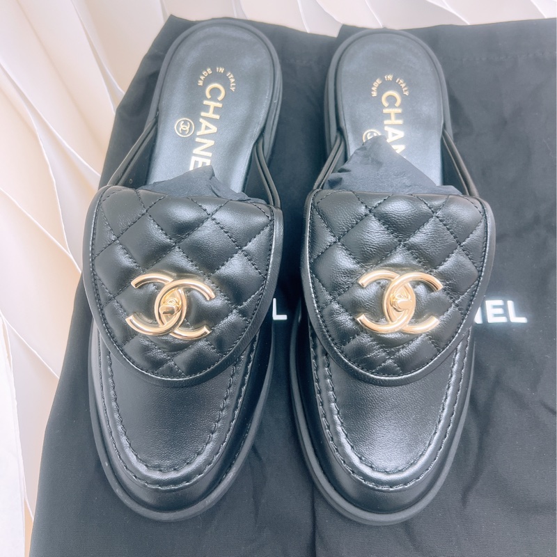 全新 36碼Chanel 黑金半拖麵包鞋/樂福鞋-1