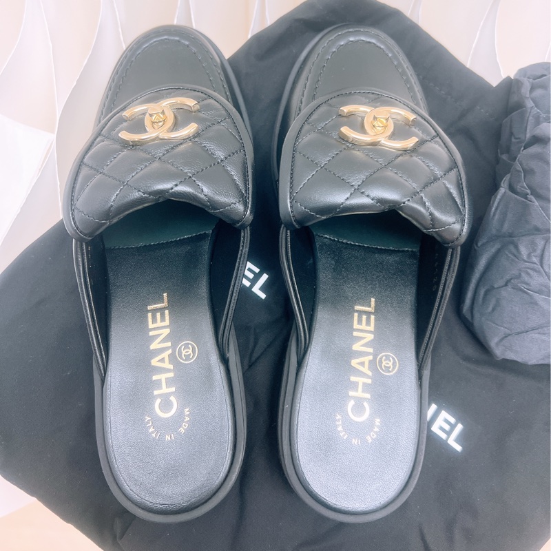 全新 36碼Chanel 黑金半拖麵包鞋/樂福鞋-4