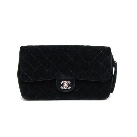 CHANEL 黑色絲絨4開銀扣中古CF雙肩包