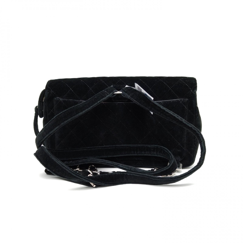 CHANEL 黑色絲絨4開銀扣中古CF雙肩包-2