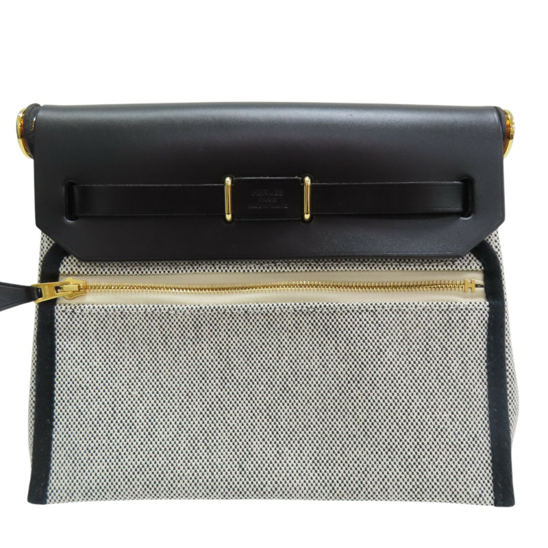 灰/黑色 帆布 Herbag Zip 20 Mini 肩背包 W刻 金釦【HERMES 愛馬仕】 H085414CCAF-1
